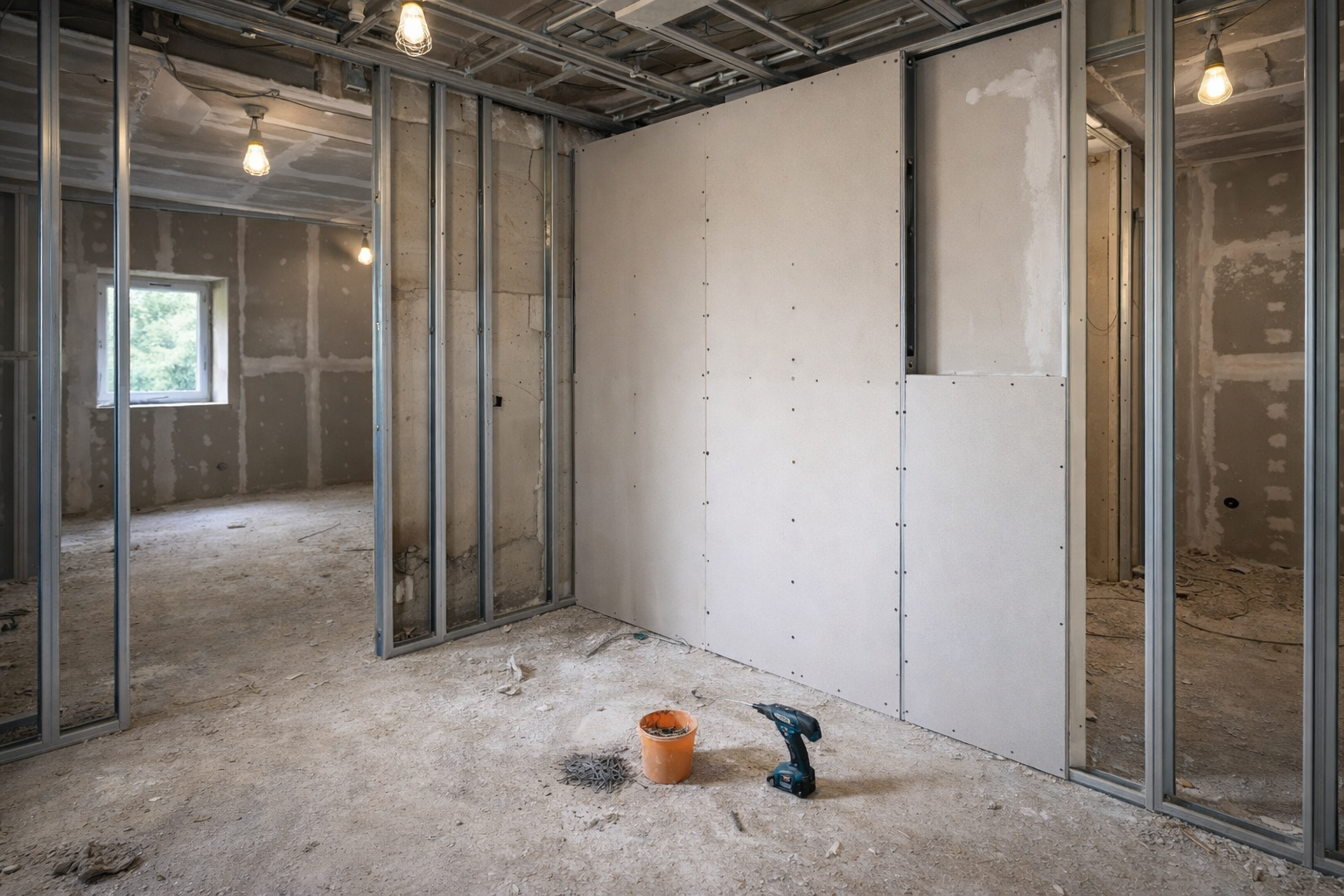 Innenraum im Ausbau mit Metallständerwerk, an dem Gipskartonplatten verschraubt werden; sichtbare Schraubenköpfe, offene Fugen, teilweise noch freie Ständer, Baustellenboden mit Werkzeugen und Arbeitsleuchte.