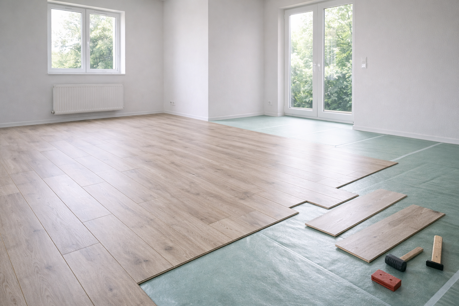 Heller Wohnraum während der Verlegung von Laminatboden; teilweise verlegte Laminatpaneele in heller Holzoptik, sichtbare Trittschalldämmung, einzelne Dielen liegen noch lose. Tageslicht fällt durch große Fenster, der Raum ist aufgeräumt und noch unmöbliert.