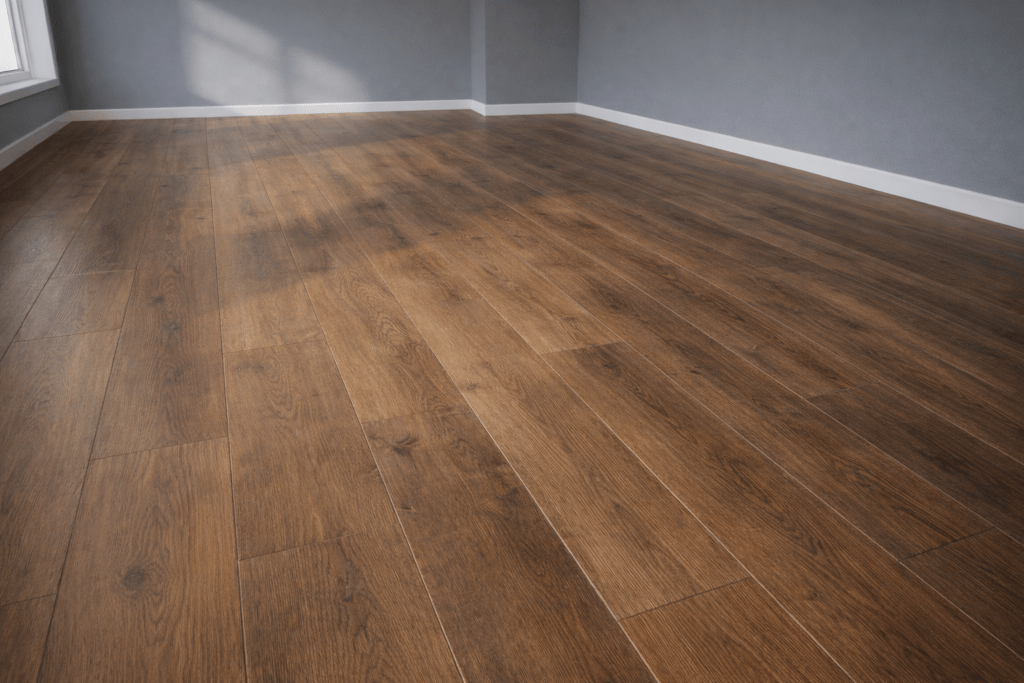 Fachgerecht verlegter Laminatboden mit sauberen Sockel- und Abschlussleisten